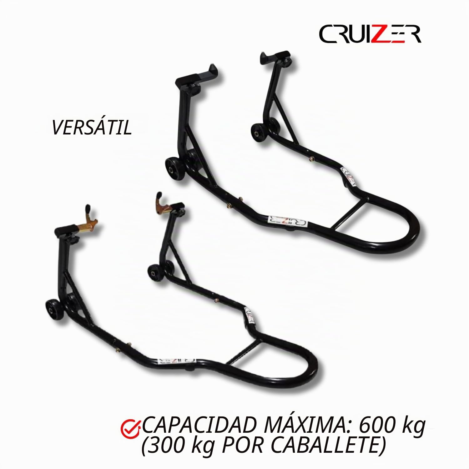 Cruizer - Plataforma elevadora delantera para motocicleta con fijaciones cónicas y horquillas, ruedas inferiores y barras laterales de refuerzo