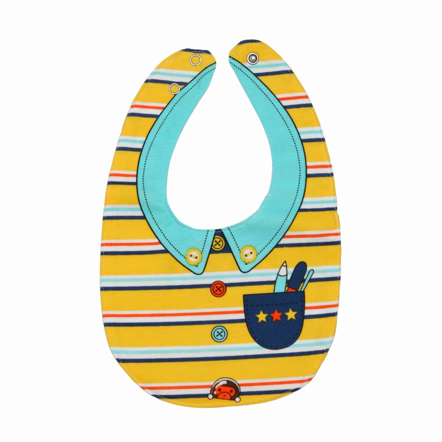 Yellow Bee Cotton Striped and Shirt Pattern Reversible Bib with Double Closure for Boys, Yellow and Blue, 6-18 Months