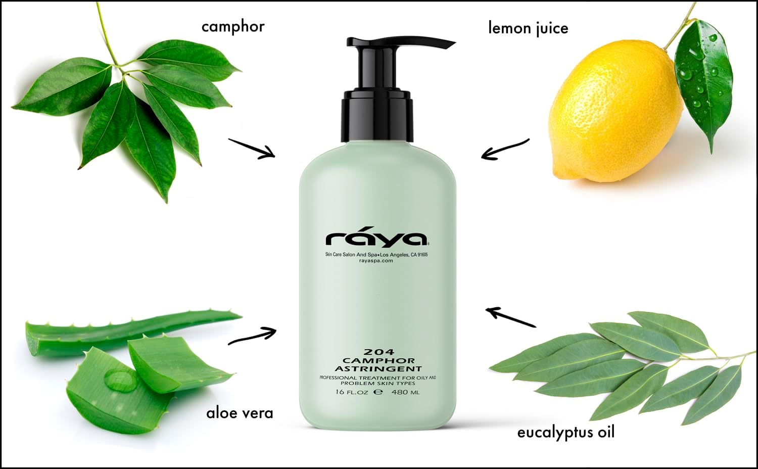 RAYA Camphor Astringent 16 oz (204) | Effective Facial Toner for Oily and Break-Out Skin | Helps Dry Up Blemishes and Control Excessive Oiliness | Made with Camphor and Eucalyptus