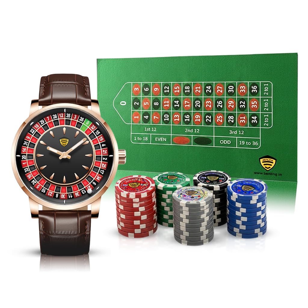 Casino Series Roulette Edition Men’s Watch Rose Gold Case, Black Roulette Dial, Crocodile Leather Strap, Quartz Movement, Luxury Gaming Inspired Timepiece, This Comes With Poker Chips and Game Map,-image-25