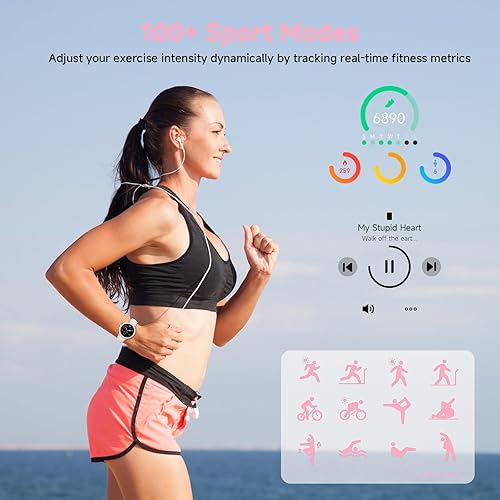 Miniatura 4 de Reloj inteligente para mujer, rastreador de actividad física impermeable IP68, llamadas Bluetooth, monitor de frecuencia cardíaca (rosa)