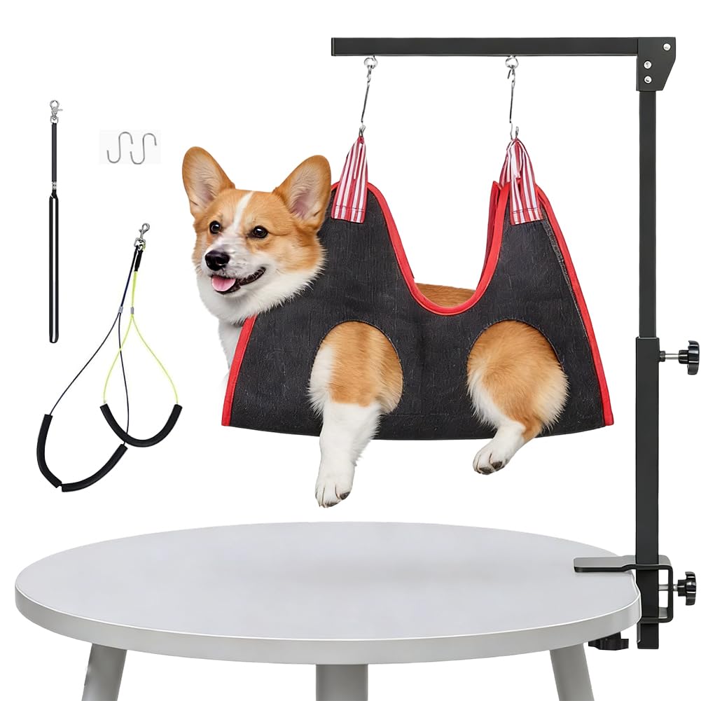 Frisiertisch Hund mit Klemme, Höhenverstellbare Trimmtisch für kleine und große Hunde, mit 2 Nicht-sitzenden Haunch-Halter,Einzelhebel,45-91 cm