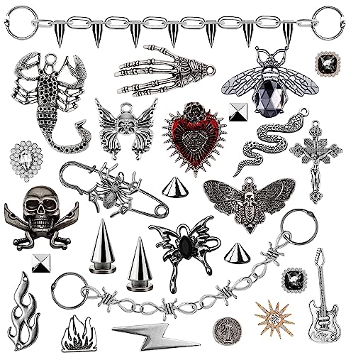 Bling Croc Charms 28pcs Gothic Y2k Diamond Shoe Decoration with Chains Spikes Accessories for Men Women Biker Rapper