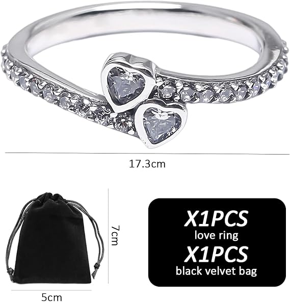 1 925 sterling silver heart-to-heart promise ring with 1 black velvet storage bag, diamond decorated women's silver ring, women's promise ring, special sterling silver ring for little finger