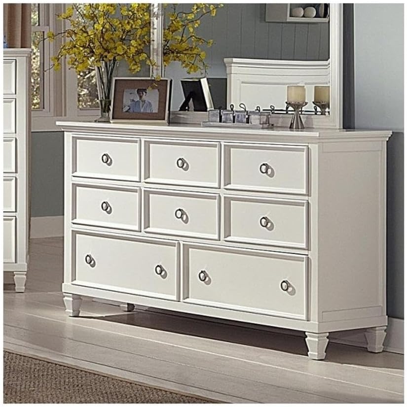 Pemberly Row Contemporary 8-Drawer Wood Dresser, 36" H x 62" W x 17" D, Poplar and Basswood Solids, White Finish, Ring Pulls, Tapered Feet, Horizontal Design, Bedroom Storage Furniture