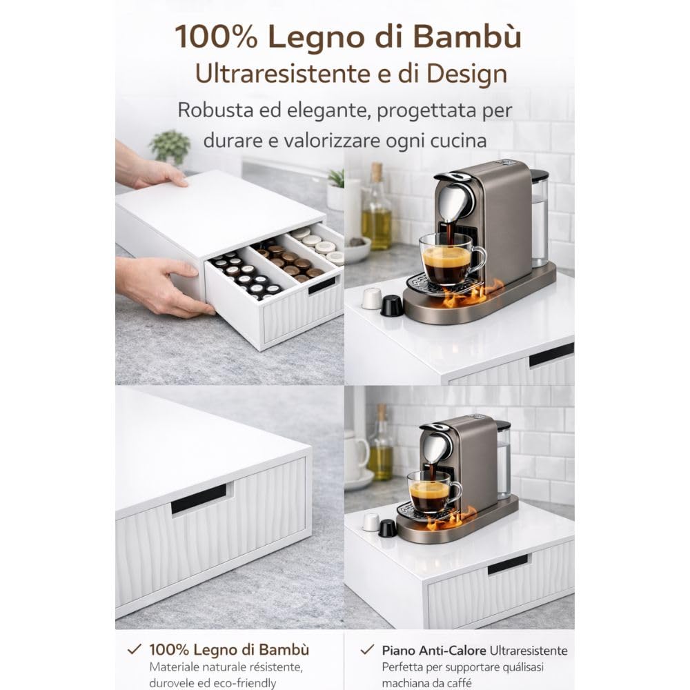 Porta Capsule e Cialde Caffè completamente in Legno Bambù Bianco 30x30x10 cm – Supporto Macchina Caffè Salvaspazio con 3 Scomparti