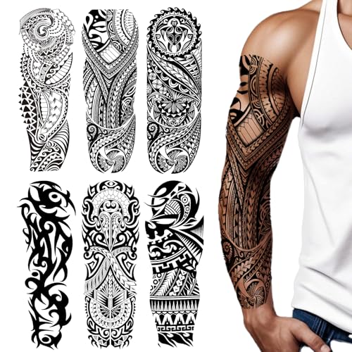 6 Sheets Full Arm Temporary Tattoos, Large Black Totem Tattoo Sleeves, Realistic Fake Tattoos for Men and Women, Waterproof and Long Lasting Tribal Tattoo Stickers for Cosplay, Parties, and Halloween