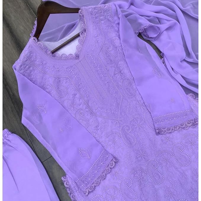 Image of Women Embroidered Straight Kurti with Palazzo And Dupatta Set | Elegant Ethnic Wear Kurta Set | V-Neck Long Sleeve Kurti | Stylish Casual, Festive & Wear for Women