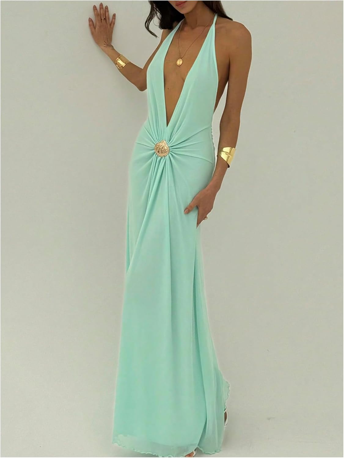 Milumia Women's Sexy Deep V Neck Halter Mesh Dress Tie Backless Long Cocktail Dresses - Image 2