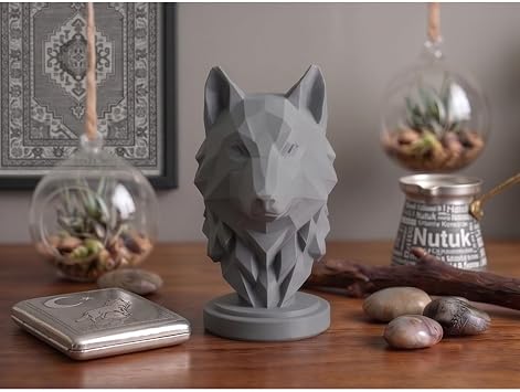 Geometrik Bozkurt Heykeli -  zel Tasar m Low Poly Kurt Biblo Dekoratif Obje 24 cm Gri 24 x 24