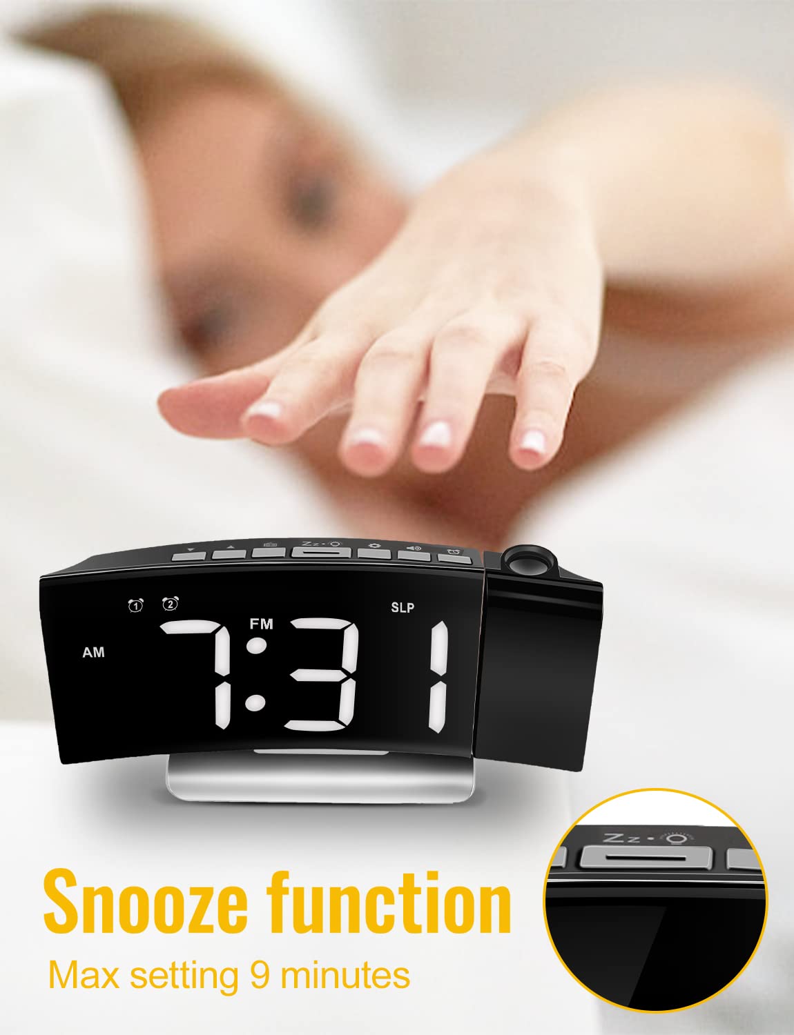 TAKRINK Sveglia da Comodino con Proiettore Ruotabile di 180 Gradi Sveglia Digitale Luminosità Regolabile Sveglia con Proiettore 12/24H Display LED Doppia Sveglia Snooze FM Radio