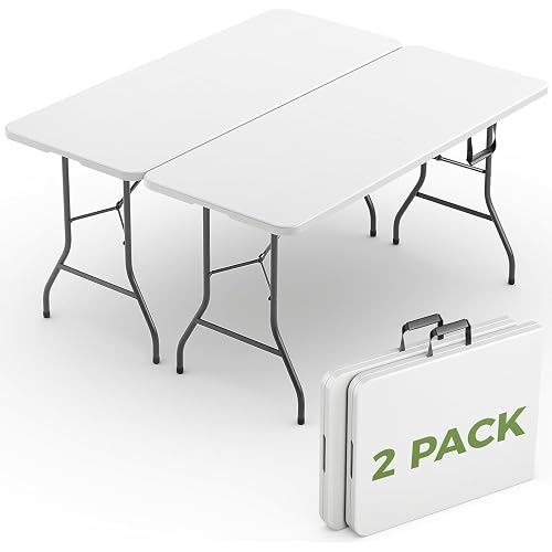 Folding Table 2 Pack, 8 FT Foldable Plastic Table with Carrying Handle, Heavy Duty Portable Fold-in-Half Utility Table for Party, Camping, Banquet, Craft, Wedding, Indoor & Outdoor Use