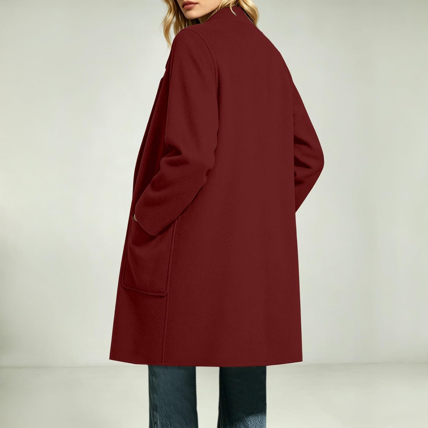 Women Open Front Tweed Coat Lapel Collar Casual Mid‑Length Overcoat