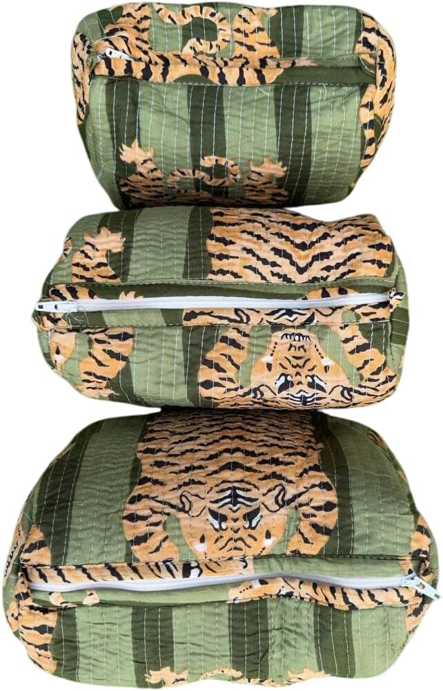 YILLE Set of 3 Pieces Block Printed Travel Organizer Kit Storage Bag for Women Makeup Bag Travel Cosmetic Bag (Dark Green Fat Tiger)