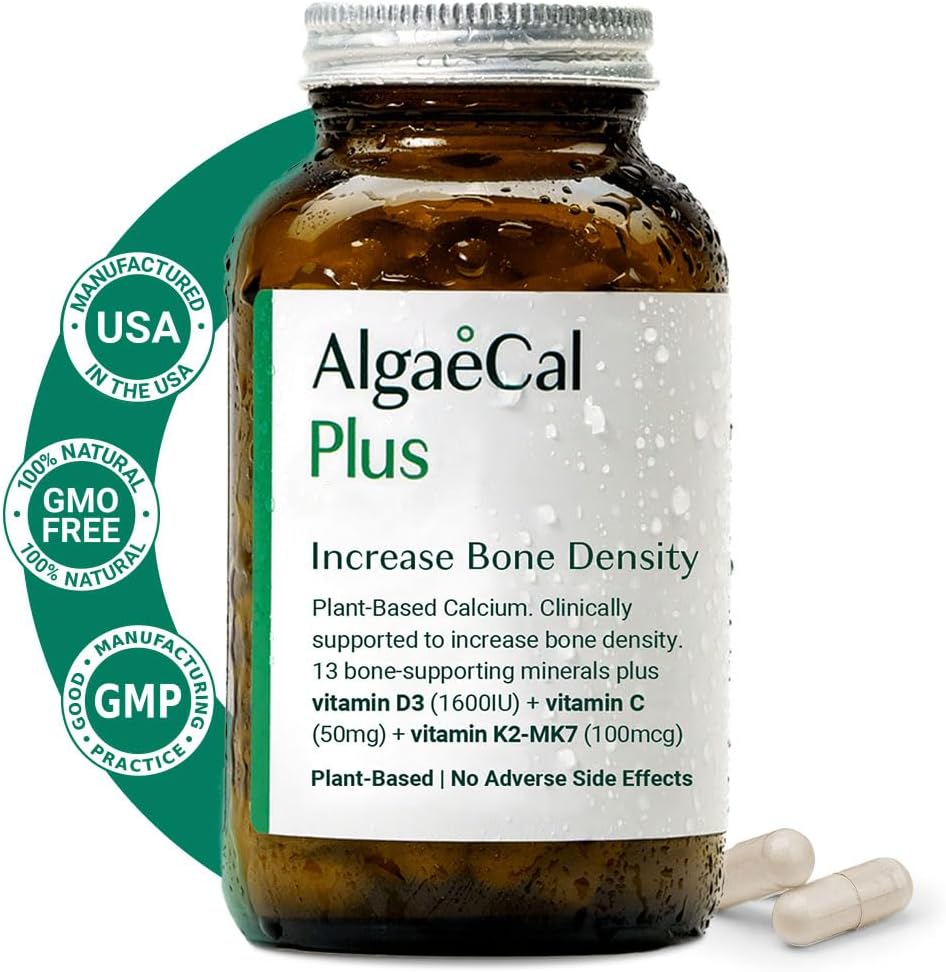 ALGAECAL Plus - Organic Red Algae Calcium Supplement, Vitamin K2 MK7 100mg, Vitamin D3 1600 IU, Magnesium 350mg &amp; Trace Minerals, for Bone Health &amp; Strength, Easy to Swallow, 120 Veggie Caps