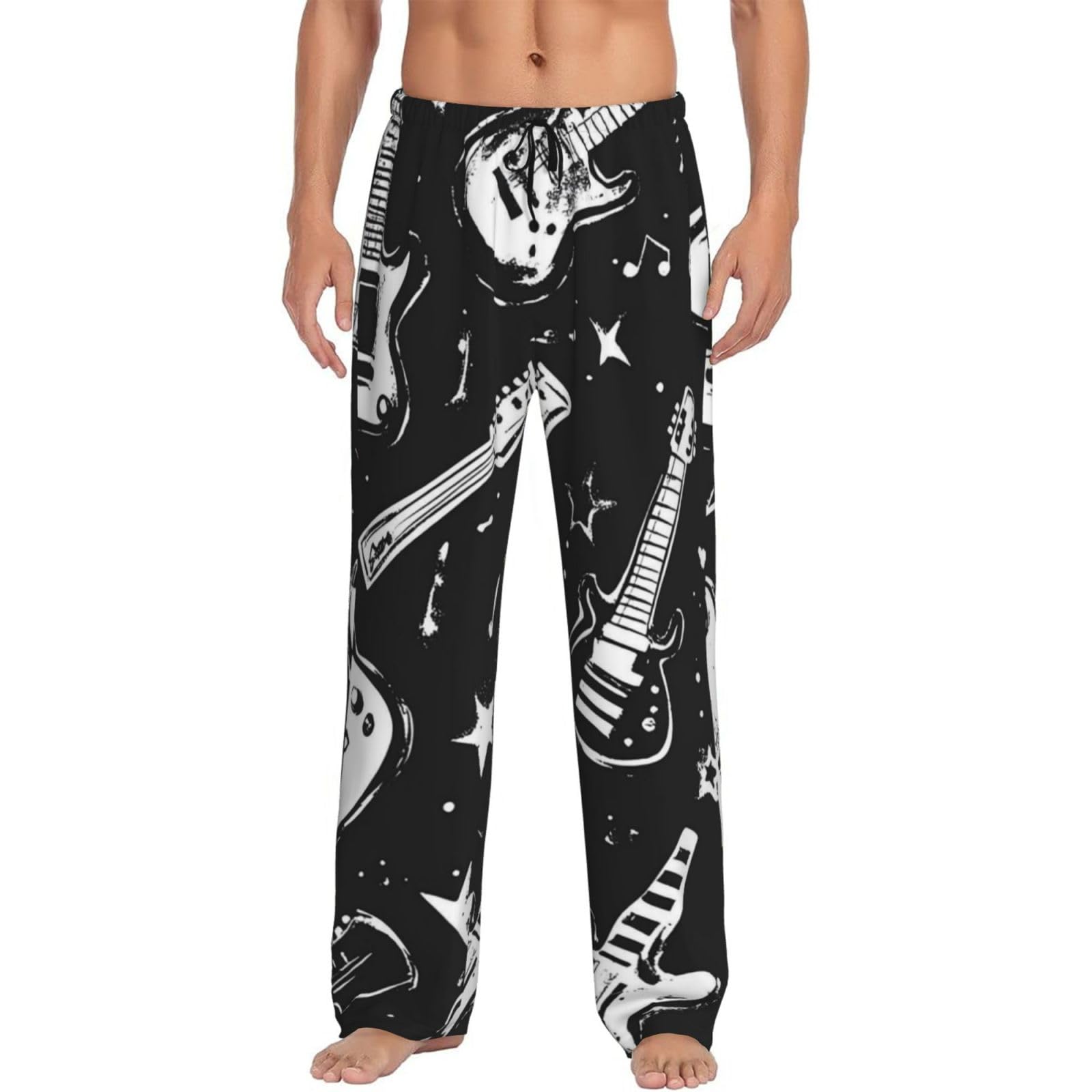 Jiufotk Unisex As Pic Rock And Roll Themed Of Guitar Men's Pajama Pants Lounge Pjs Bottoms Sleepwear Bottom Pants With Pockets