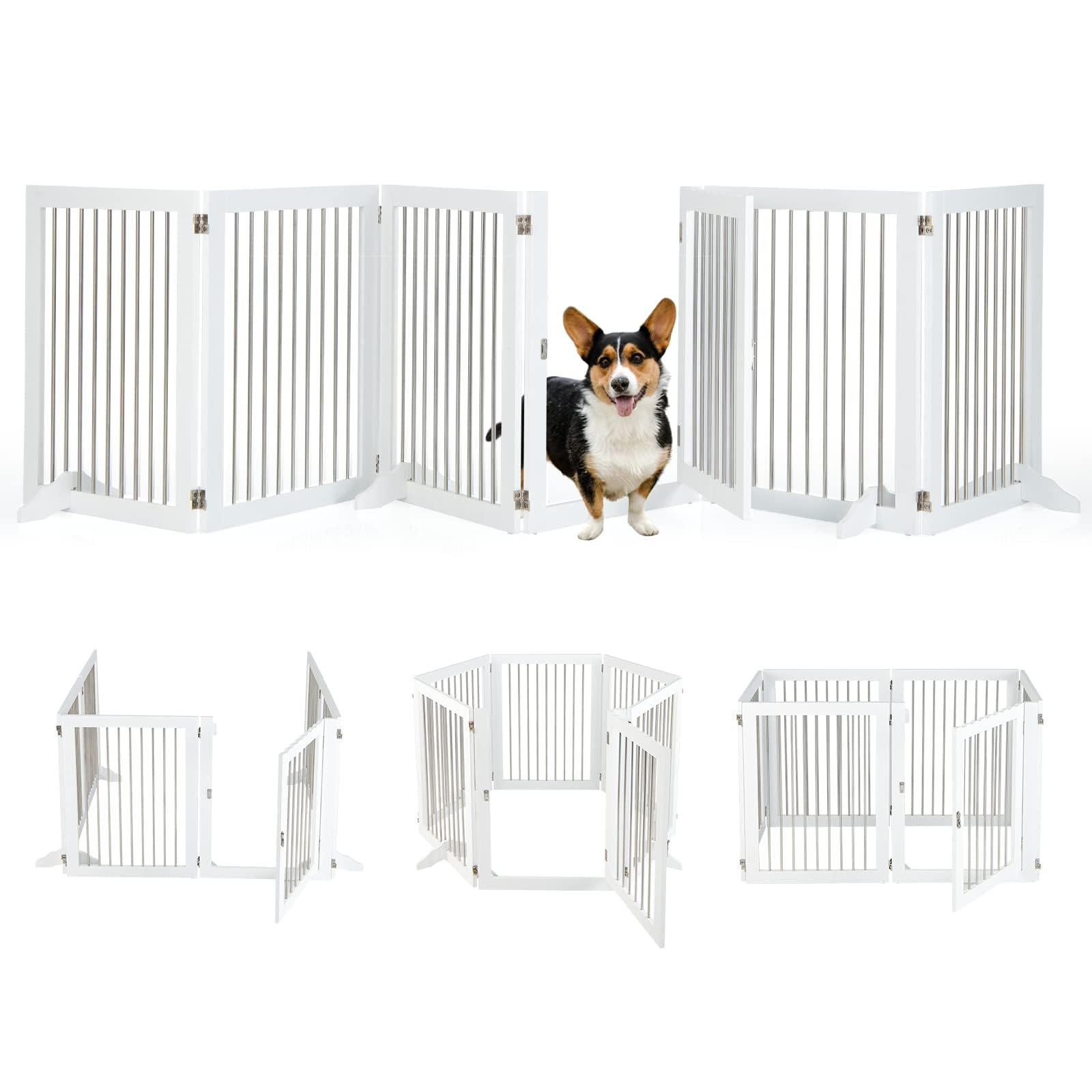COSTWAY 6-teiliges Absperrgitter Hunde, Freistehendes Hundegitter mit Tür & 4 Stützfüßen, 80cm hoch, Klappbarer Schutzgitter, Treppengitter aus Holz und Edelstahl, für Kamin Treppe, Weiß