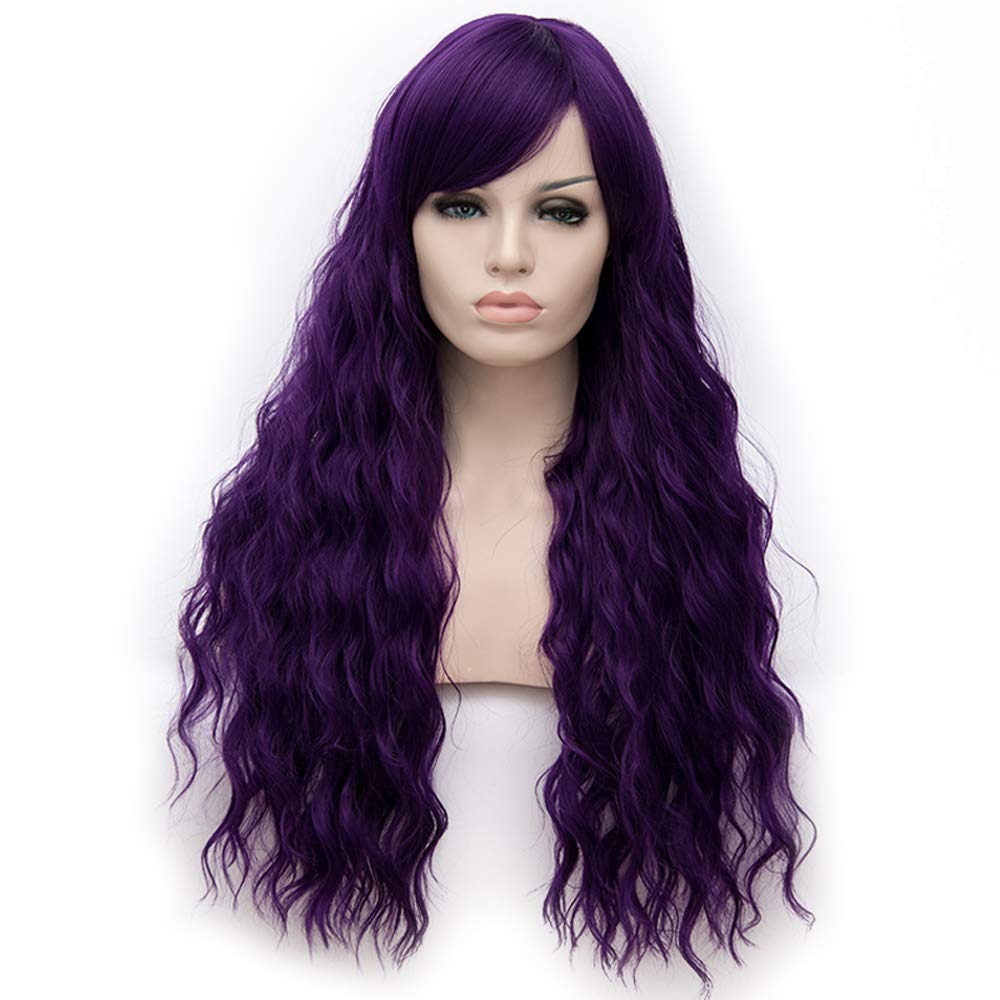 BERON Dark Purple Wigs Long Curly Wig with Side Bangs Wavy Women Purple Synthetic Wig Halloween Cosplay Party Daily Wear Wig (Dark Purple)