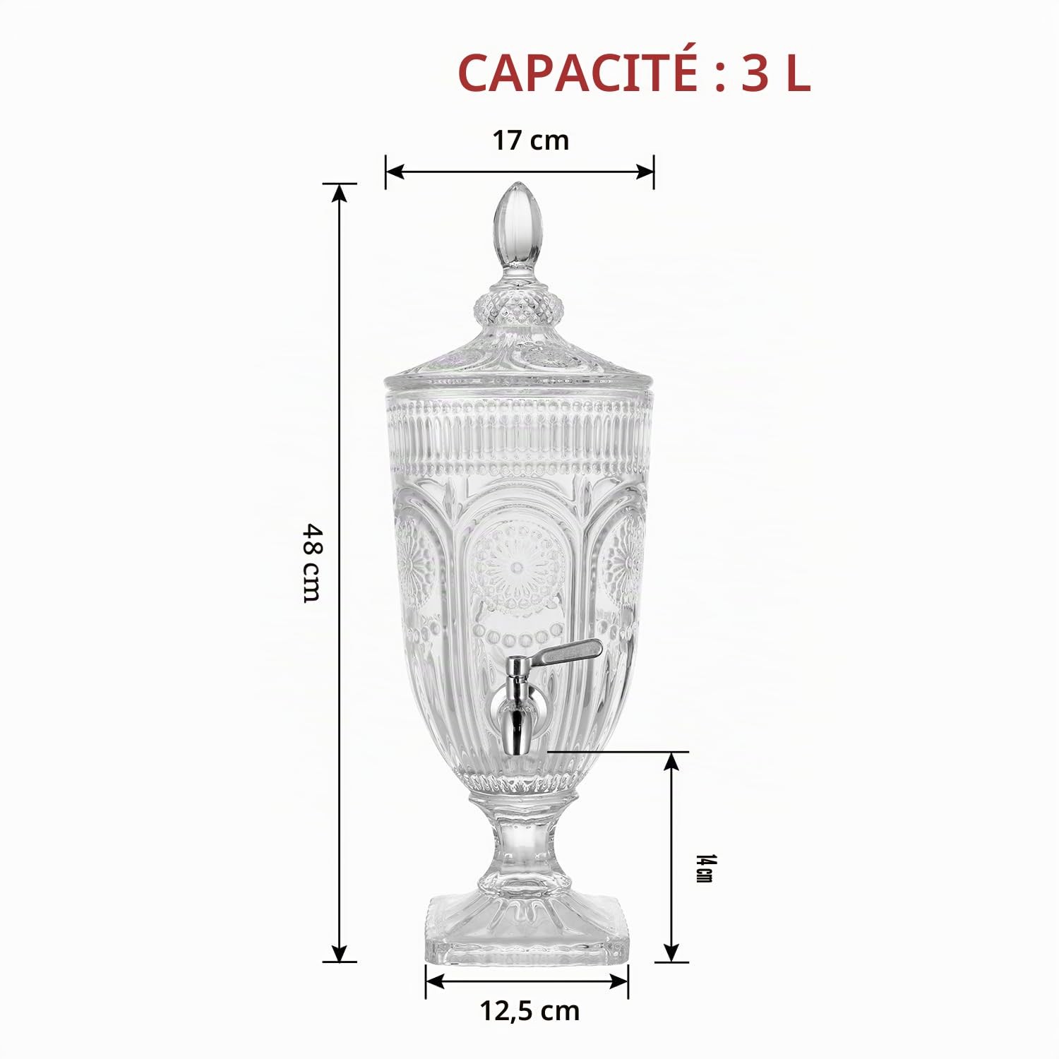 Distributeur de boissons en verre de 3 L, distributeur de boissons en relief avec robinet en acier inoxydable 304, distributeur de cocktail pour fête, mariage, restauration, buffet, bar