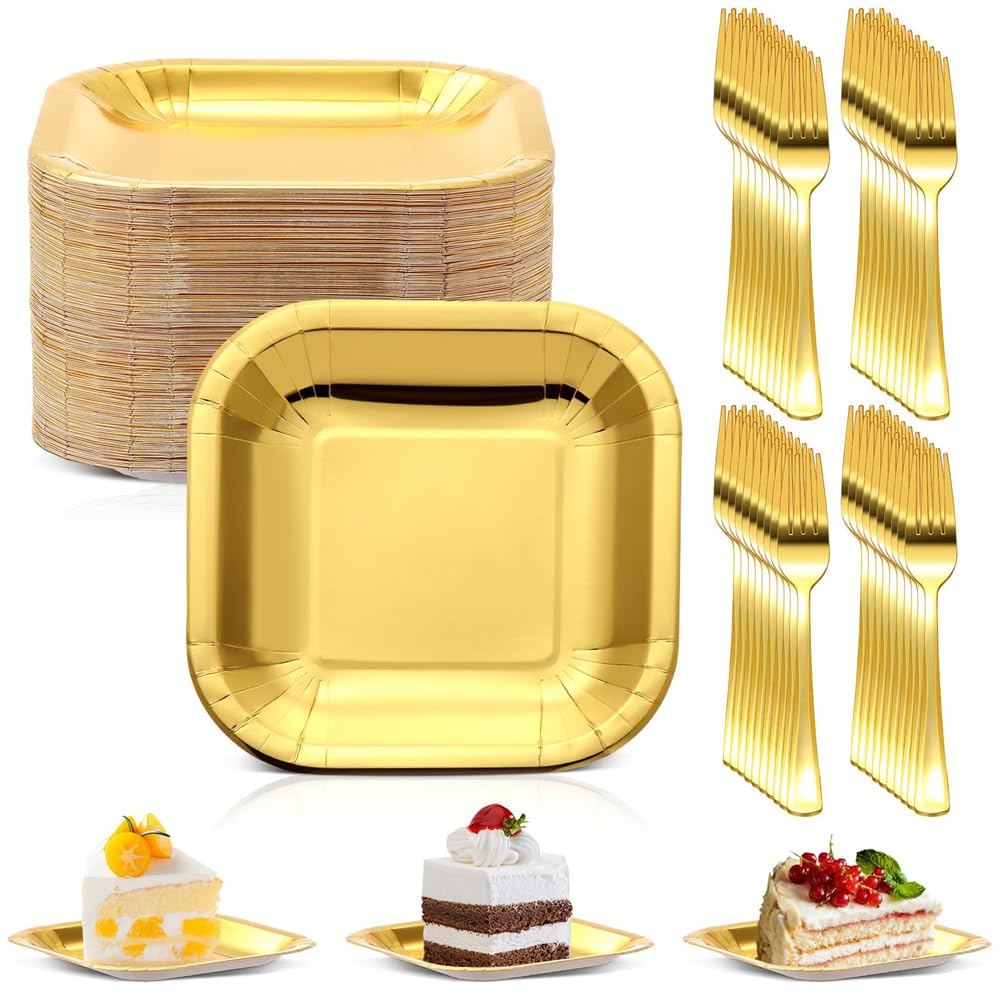 Gold Disposable Party Dinnerware Set, 7" Square Paper Plates with 7.28" Gold Plastic Forks, Heavy Duty, 100 Pcs
