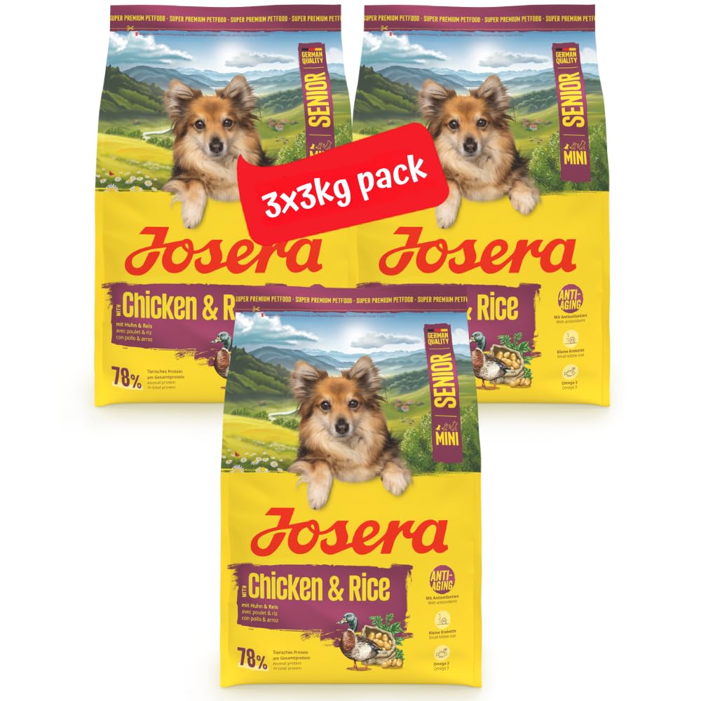 JOSERA Mini Senior (3 x 3 kg) | Premium Trockenfutter für ausgewachsene ältere Hunde Kleiner Rassen | Huhn & Reis | Anti-Aging & Nierenentlastung | Extrakleine Kroketten | glutenfrei | 3er Pack