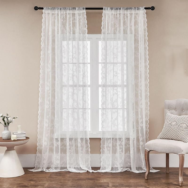 Rideaux en dentelle transparente blancs voilage à œillets 59x87 store décoratif salon chambre
