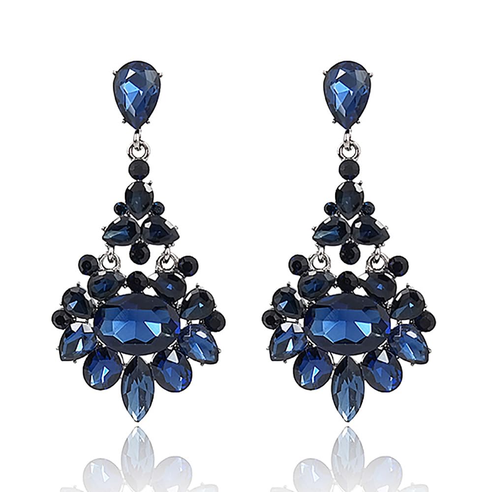 Kercisbeauty Statement Blue Crystals Dangle Drop Earrings Women Rhinestones Black Jewelry Retro Earrings (Blue)