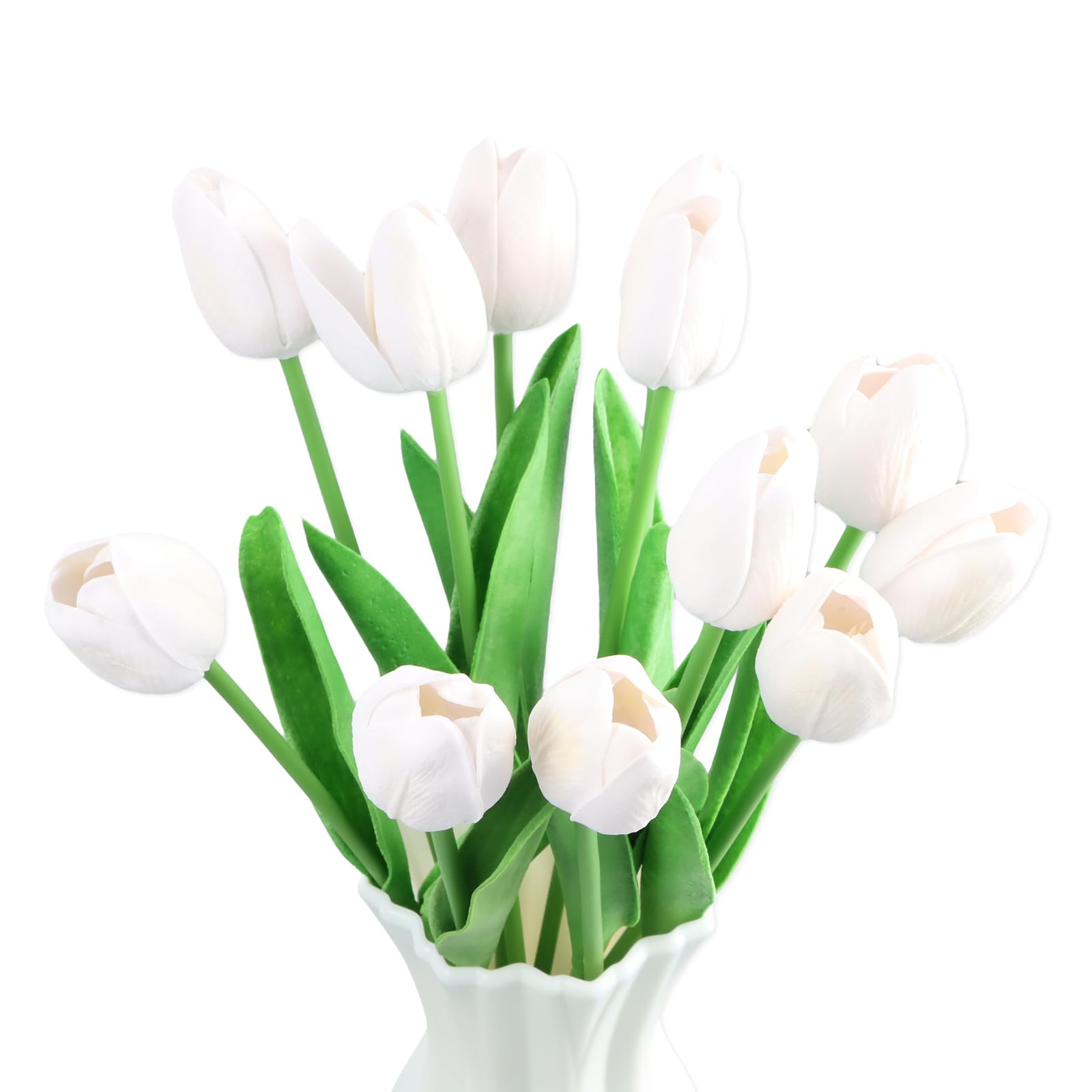 Ziyonix White 12Pcs Artificial Tulip Flowers, 35Cm Realistic Faux Tulips, Real Touch Latex Faux Tulips For Home Decor, Fake Tulip Bouquet For Wedding Party Garden Birthday Office Diy