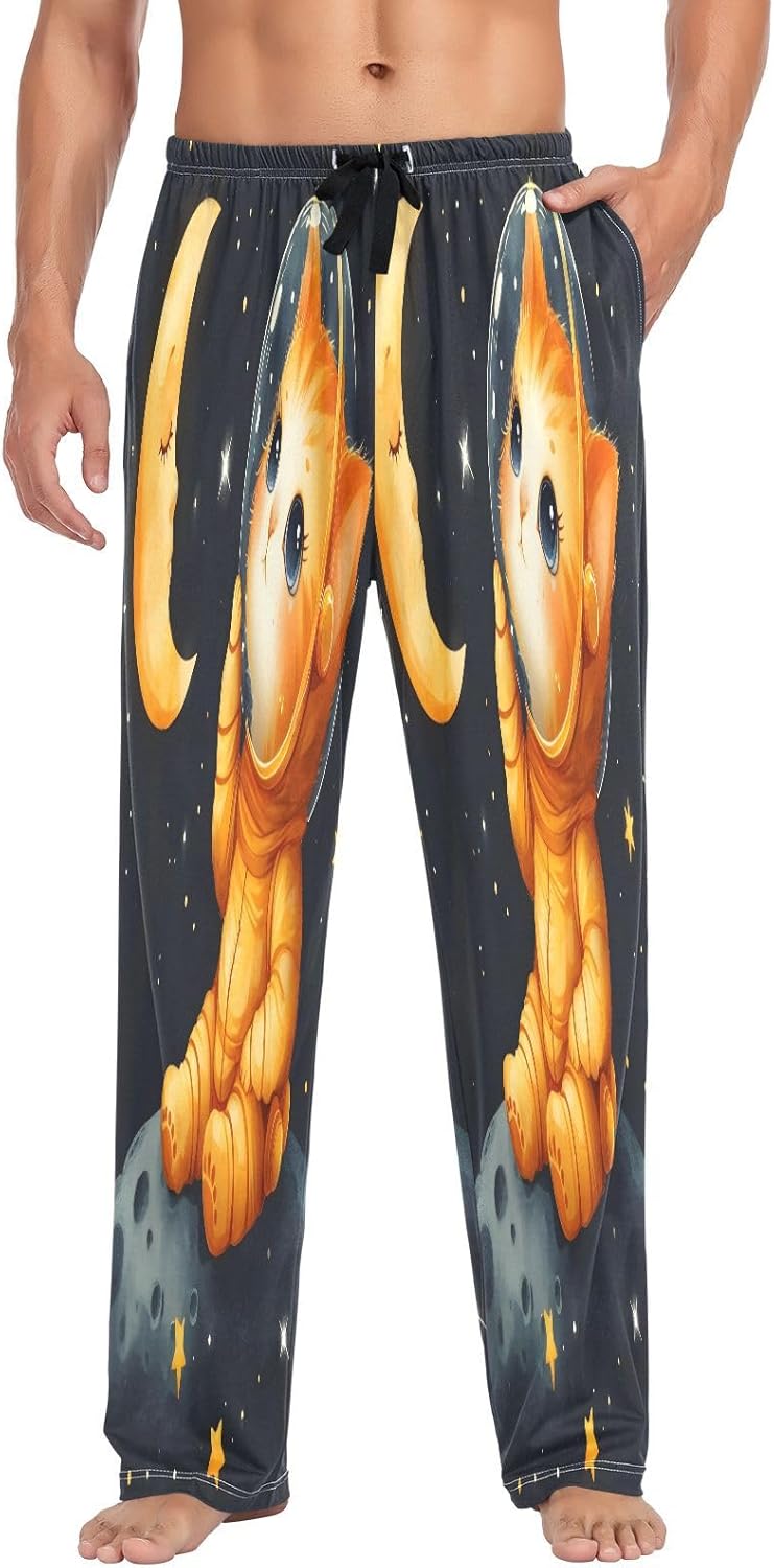 ALAZA Cat Kitten Astronaut Galaxy Men's Pajama Pants Men Cotton Pajama Bottoms with Pockets, S