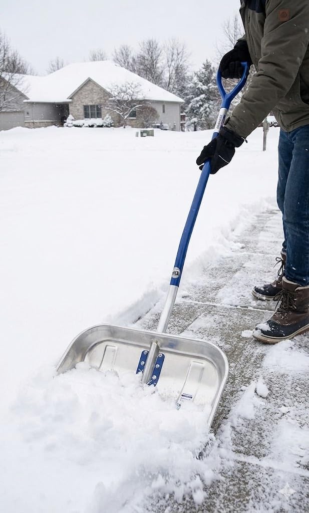 Profi Alu-Schneeschaufel 153 cm – Ergonomisch gebogener Stiel & Anti-Shaking Griff – 6-Fach verschraubt & Extrem Stabil – Rückenschonender Schneeschieber (Aluminium)