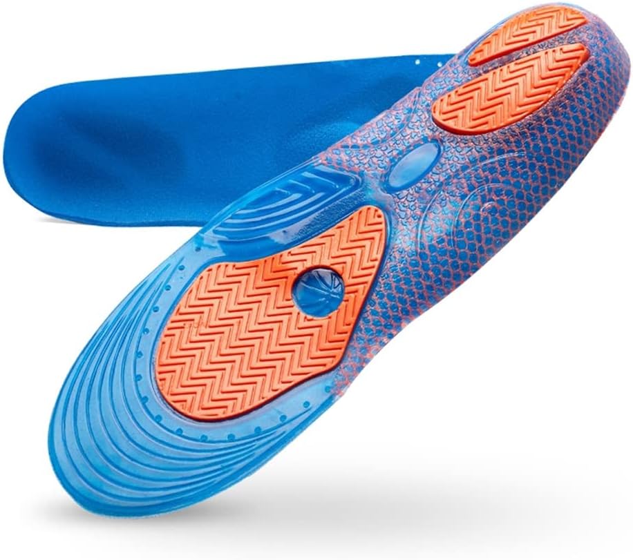Men's Size 8-13 TPR Silicone Gel Insoles for Sports or Basketball, Arch Support and Shock Absorption Inserts with Blue Velvet Fabric