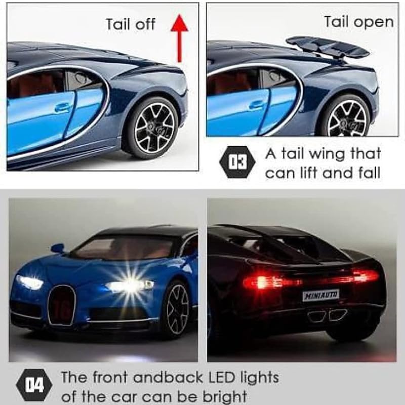 Image of New 1:32 Chiron Diecast Alloy Metal Pull Back Car with Openable Doors Music Sound and Light Vehicle Toy Car for Kids Boys (Blue)