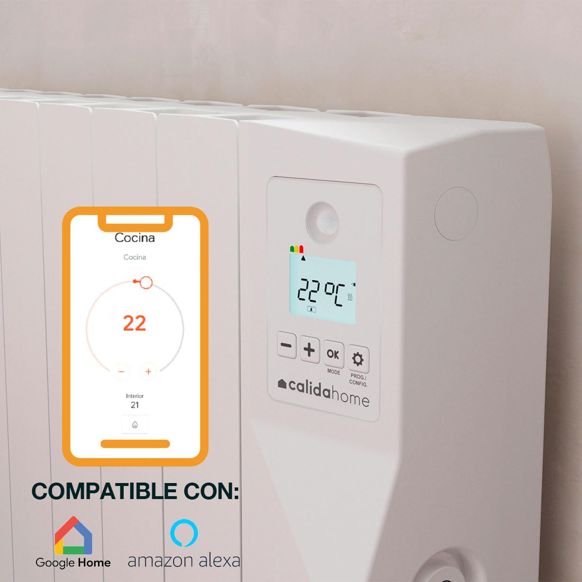 CálidaHome Sentinel 1800W – Emisor térmico eléctrico (12 elementos) con fluido de alta transferencia 150 W/elemento, con detector de presencia – Alta potencia para estancias de 18–23 m²