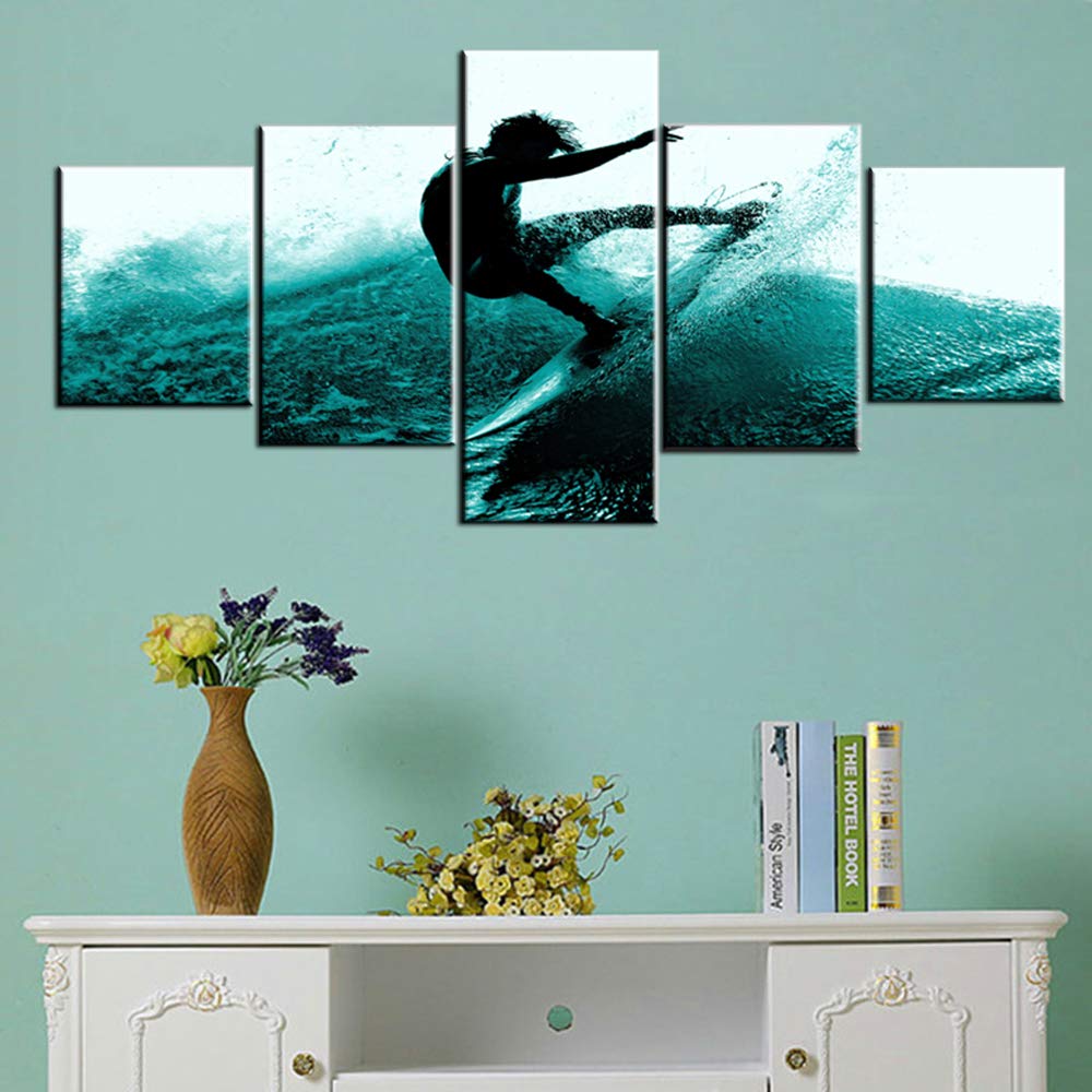 Surfer Artwork Extreme Surfing Sport Pictures for New Room Blue Wave Paintings 5 Panel Prints Wall Art on Canvas Native Gift Contemporary Home Decor Giclee Framed Stretched Ready to Hang(50''Wx24''H)