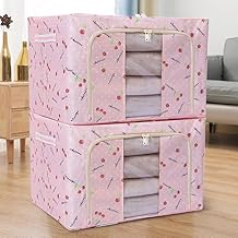 HAKKU Foldable 66L Cloth Storage Bags Pack oF 2 Organizer Container | Foldable Metal Frame Basket with Clear Window, Carry Handles & Sturdy Zipper for Closet (Baby Pink, 66 Ltr - Pack of 2)