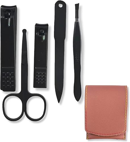 Juego de cortaúñas, 5 piezas en funda de piel sintética, acero inoxidable, negro, cortaúñas y lima de uñas y pies, pinzas y tijeras (estuche rosa)