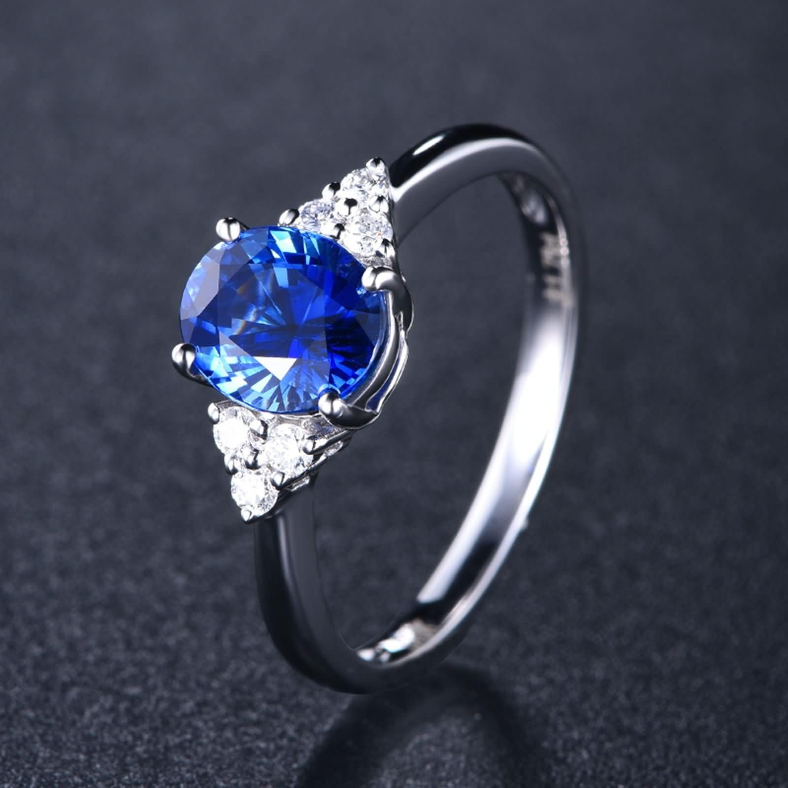 Anillos Mujer Matrimonio Oro Blanco 9 Kilates / 14 Kilates / 18 Kilates, 4 Garras Oval con Zafiro de 0,41ct y Diamante, Anillo Plata Azul Compromiso Mujer
