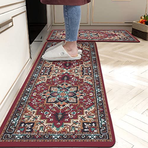 Boho Kitchen Rug Set Of 2 Red Bohemian Farmhouse Anti-Fatigue Kitchen Mats Vintage 0.4 Inches Thick Rubber Comfort Standing Rugs And Mats For Kitchen Sink Laundry Home Decor, 17.3 X 28+17.3 X 47 Inch #TOP17