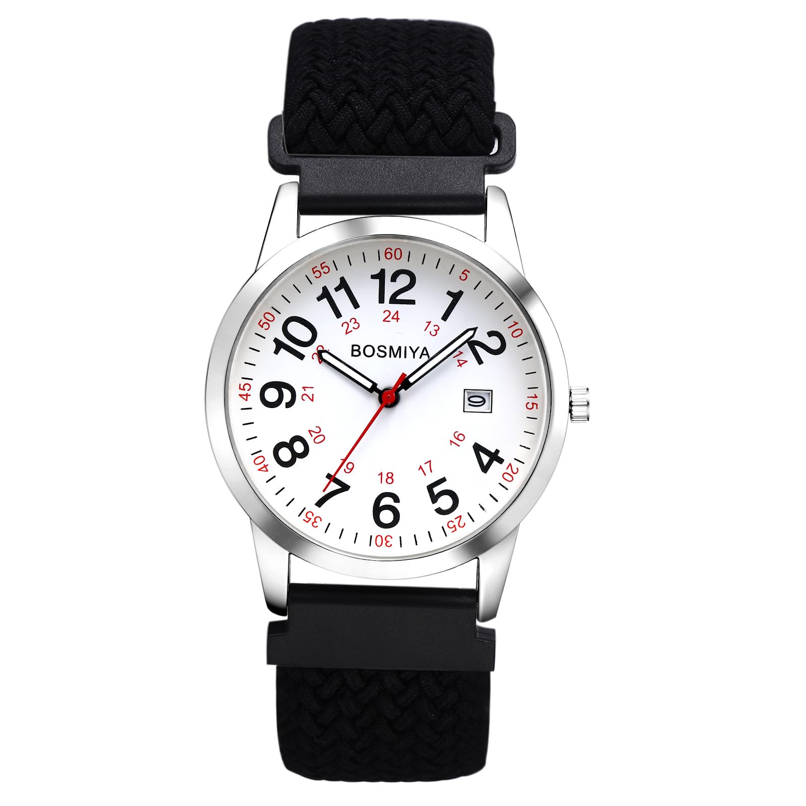 JewelryWe Unisex Braided Elastic Watch: 24-Hour Format Easy-to-Read Calendar Dial Quartz Wristwatch Black Strap with Silver Case