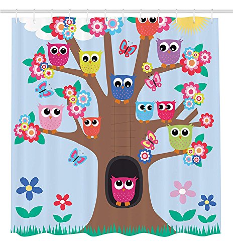 Ambesonne SC_3164 Owl Shower Curtain, Cartoon Birds And Butterflies cover