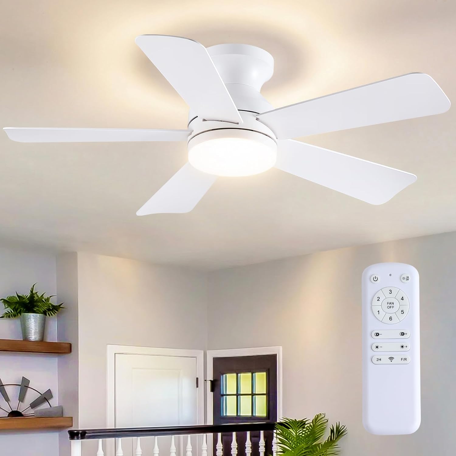 41 inch Ceiling Fans with Lights, White Flush Mount Ceiling Fan with Remote, 3CCT, LED Dimmable, Reversible, 6 Fan Speeds, Quite Low Profile Ceiling Fan with Lights Modern Bedroom Kitchen Indoor