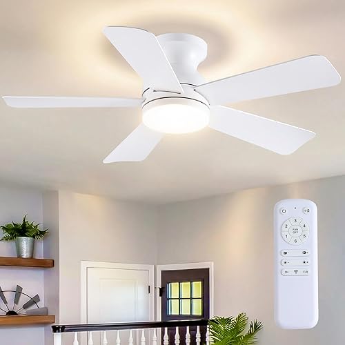 41 inch Ceiling Fans with Lights, White Flush Mount Ceiling Fan with Remote, 3CCT, LED Dimmable, Reversible, 6 Fan Speeds, Quite Low Profile Ceiling Fan with Lights Modern Bedroom Kitchen Indoor