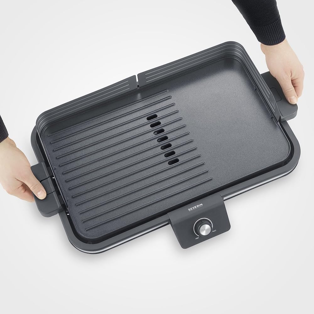 SEVERIN Parrilla Eléctrica, plancha grill de mesa, 2.300 W hasta 230°C, con revestimiento cerámico y pantalla LED, para carne, pescado, marisco y verdura, acero inoxidable y negro mate, PG 8564