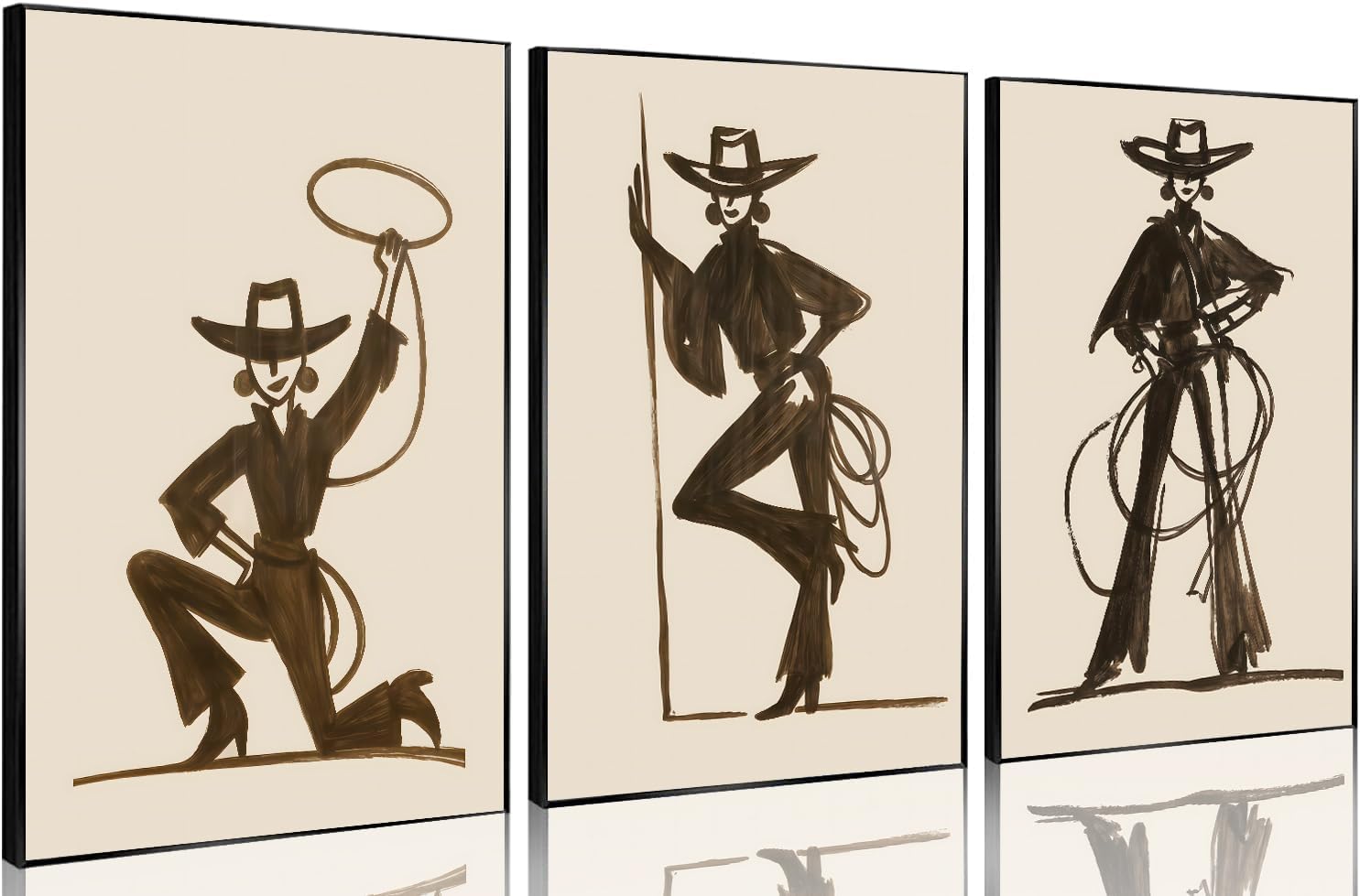 3Pcs Cowgirl Wall Art Brown Western Woman Canvas Wall Decor Neutral Minimalist Trendy Line Art Rodeo Eclectic Pictures Prints Posters for Living Room Bedroom Farmhouse Wall Decor 16X24 Inch Unframed