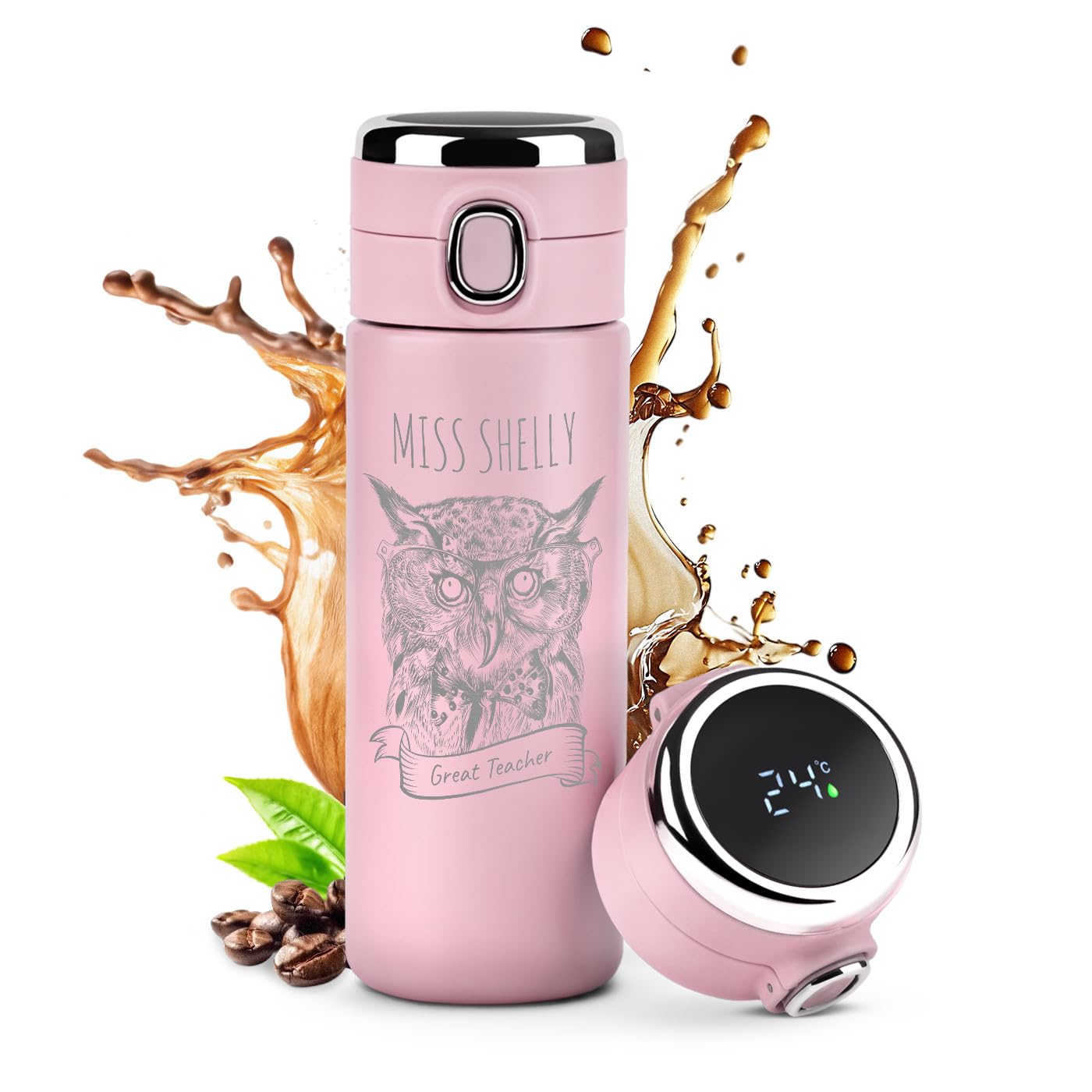 Maverton Pink Travel Mug for her - Personalized 400 ml Tumbler - Tea Mug with Engraving - Perfect Coffee Cup for Women - Stainless Steel Insulated Cup - Smart Tumbler for Girl - Glasses
