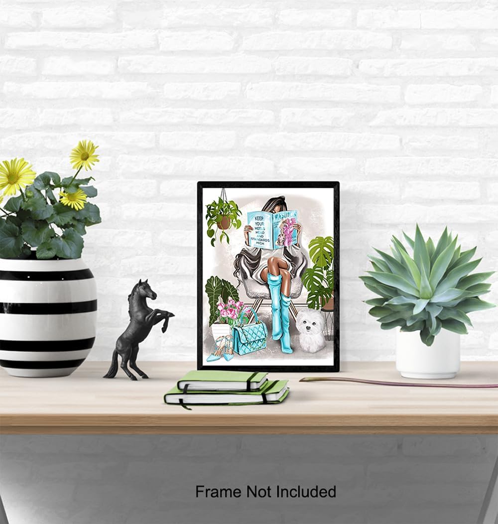 Glam Girls Bedroom Wall Art 11x14 - Living room, Teen Room - Blue Designer Wall Decor for Girls - Daughter gifts - Housewarming Gifts for Women - Black Girl, African American Woman Poster Picture