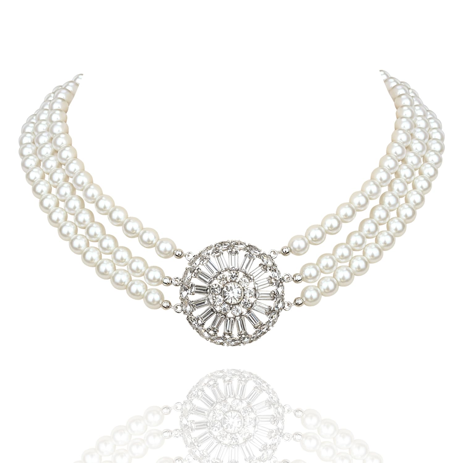 XILAZAB White Pearl Choker Layered Bridal Necklace 20s Gatsby Flapper Multi Strand Pearl Rhinestone Collar Necklace Vintage Imitation Pearl Costume