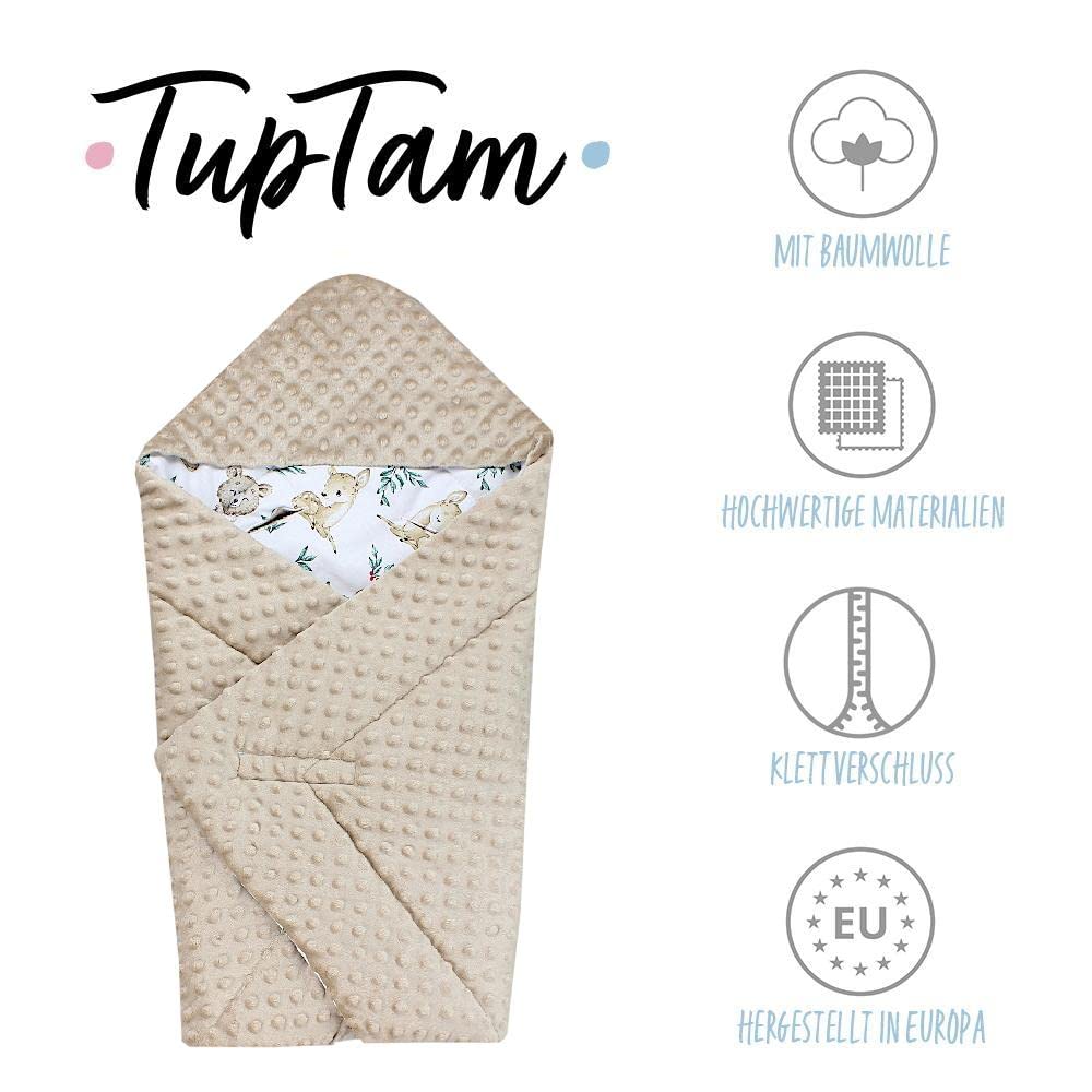 TupTam Baby Winter Einschlagdecke Babydecke 75x75cm für Autositz Babyschale Wattiert Minky Baumwolle Universal, Farbe: Rehlein/Bären/Beige/Hellbraun, Größe: Einheitsgröße