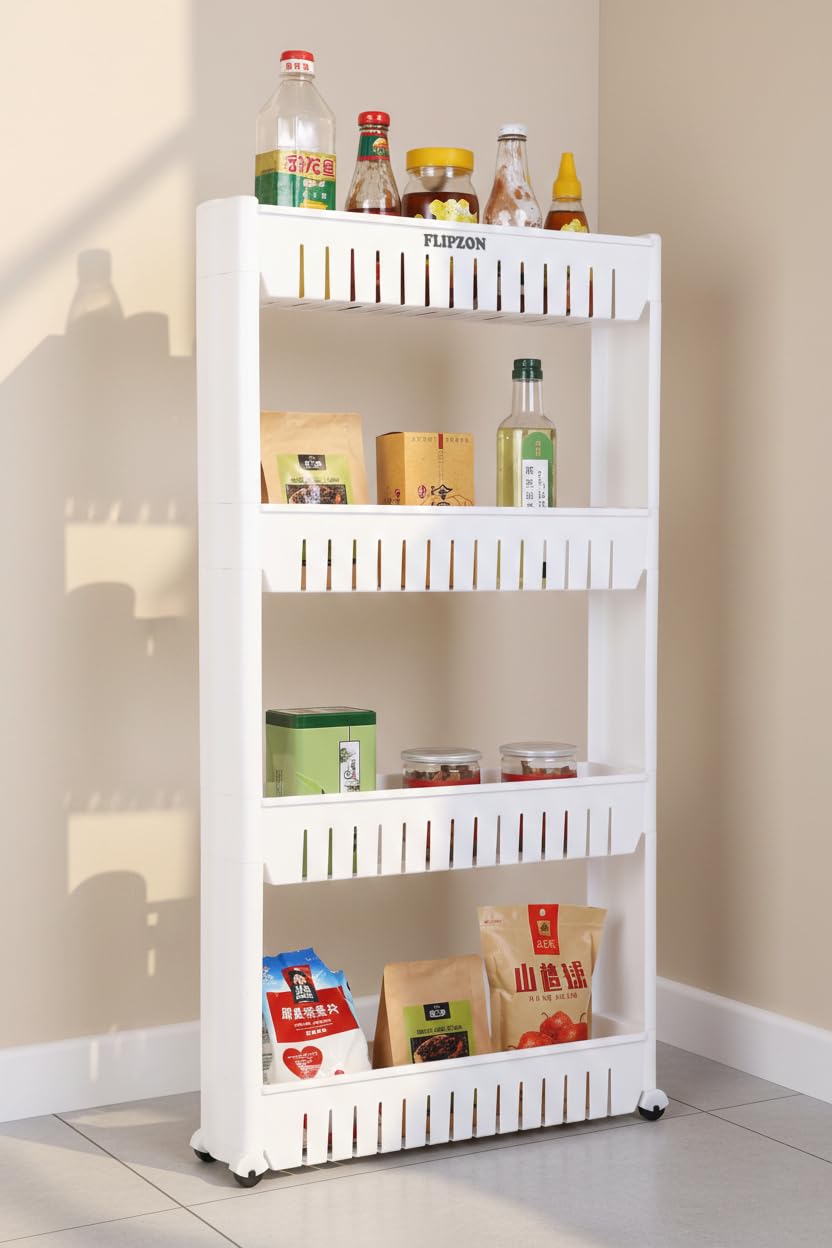 FLIPZON 4 Layer Multipurpose Floor Mount Plastic Storage Organizer Slim Rack Shelf With Wheels|Slim Slide Out Kitchen Trolley Rack Holder Storage Organizer For Kitchen,Bathroom(White,Tiered Shelf)