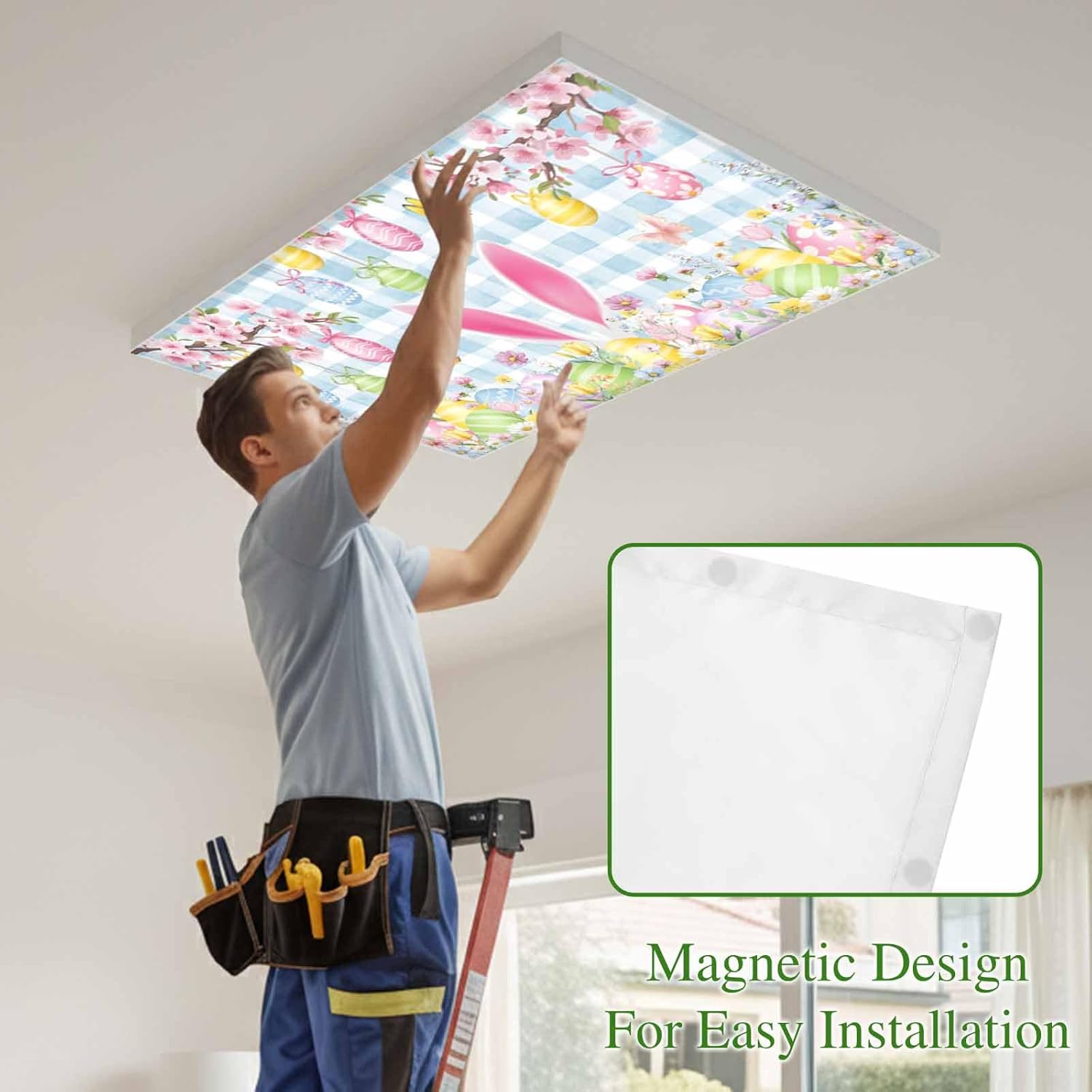 2x4 ft Fluorescent Light Cover for Ceiling Spring Cherry Flower Colorful Egg Magnetic Light Filters, Easter Rabbit Blue Check Ceiling Lampshades for Home School Office 4Pcs